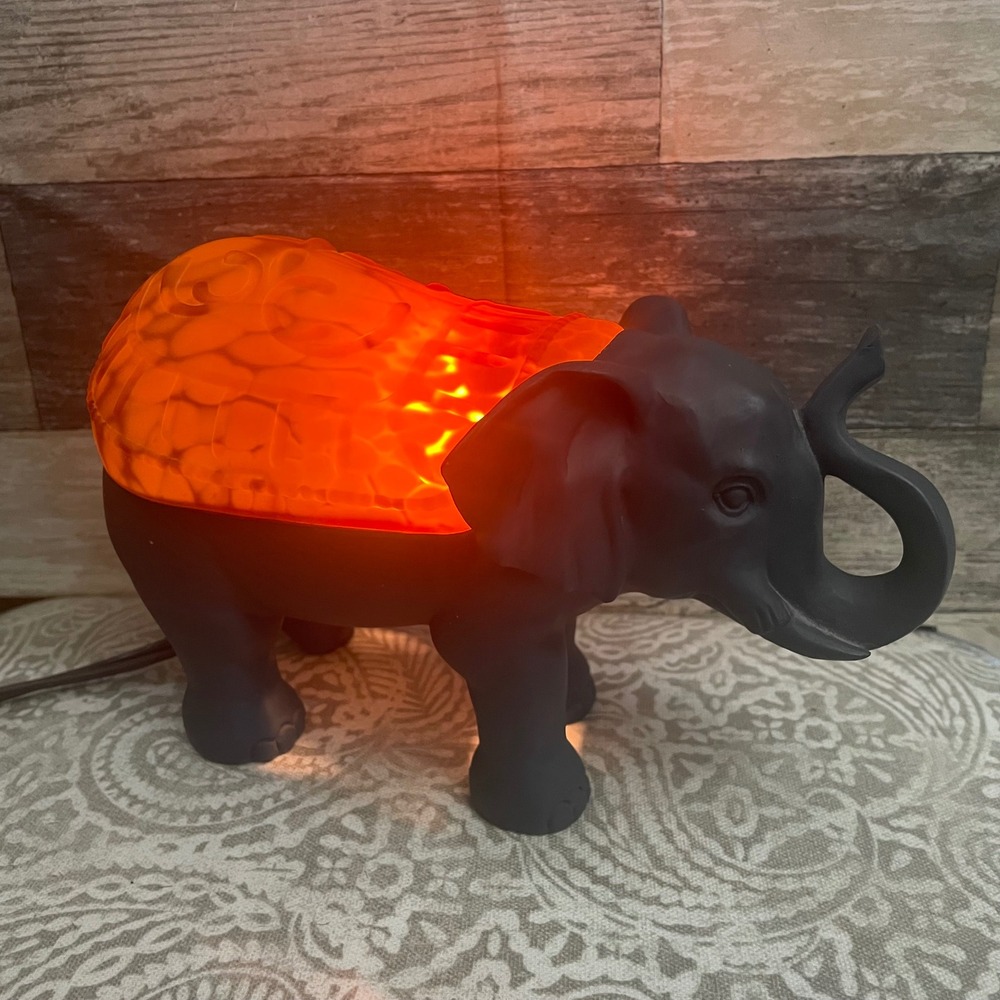 Cheyenne Elephant Accent Lamp Amber Glass Shell Matte Black Resin Night Light